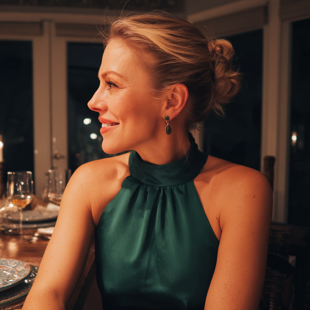 A side view of a woman wearing an emerald dress | Source: Midjourney