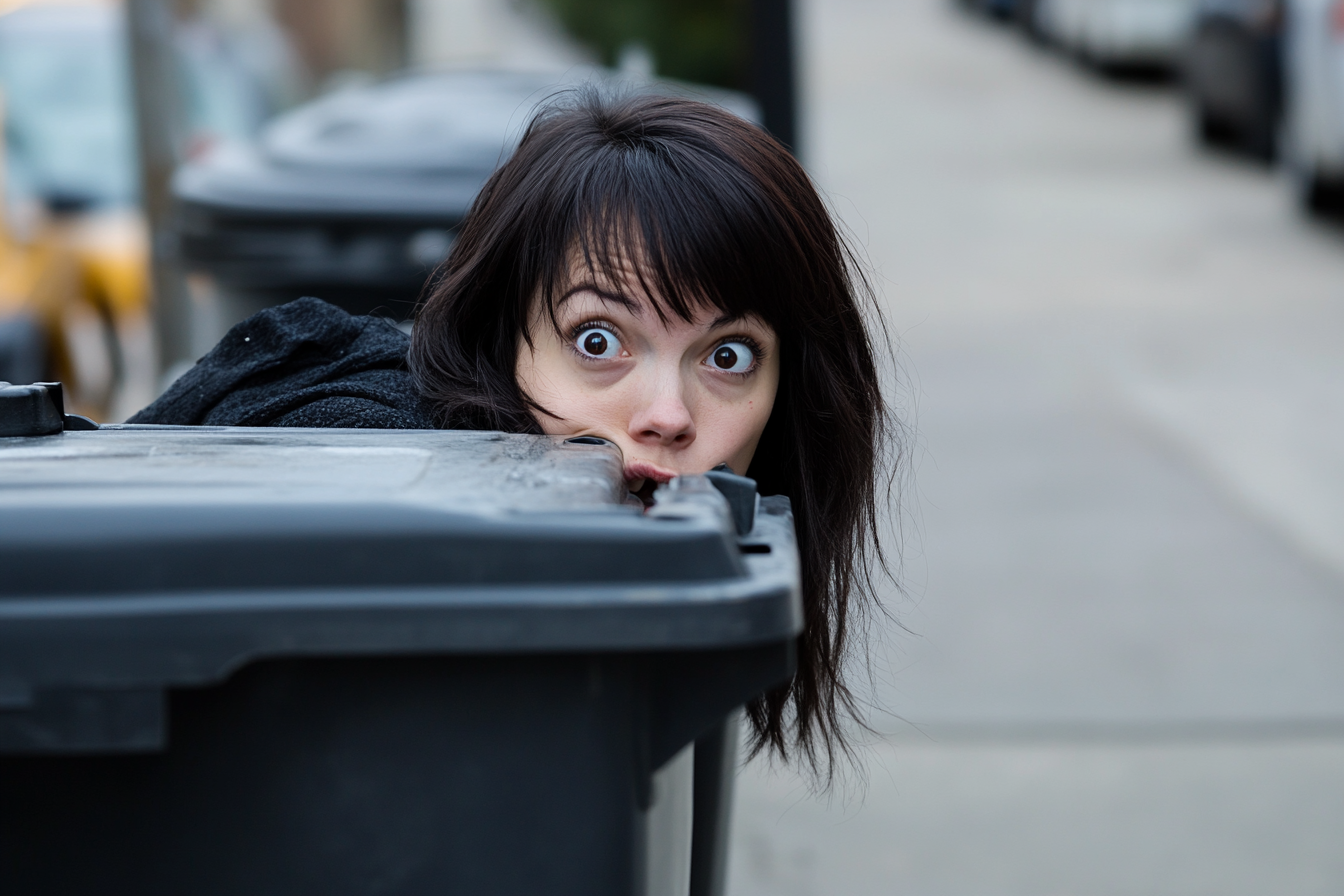 A woman peeking from behind a trash bin | Source: Midjourney