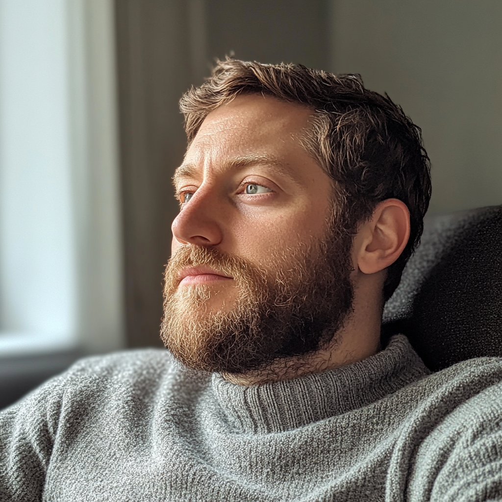 A man sitting on a couch | Source: Midjourney