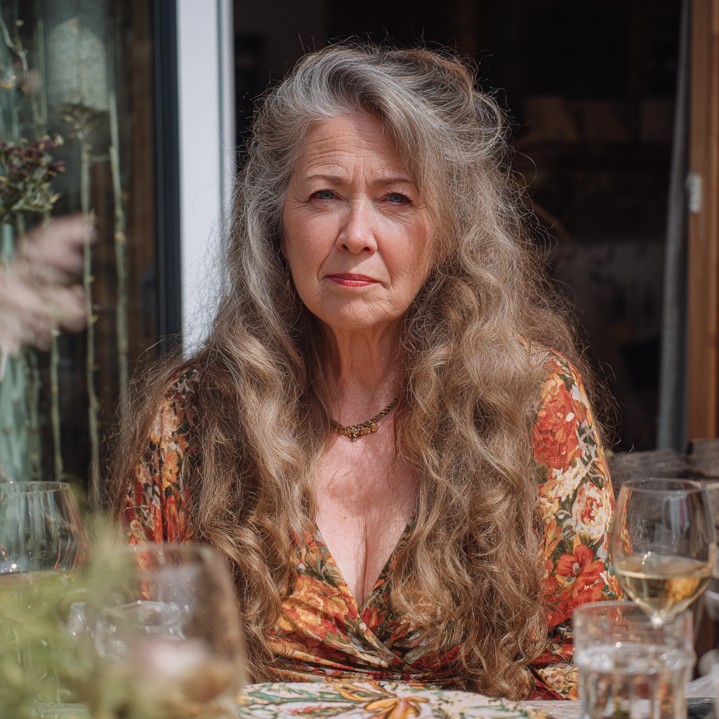 An upset older woman sitting at a dining table | Source: Midjourney