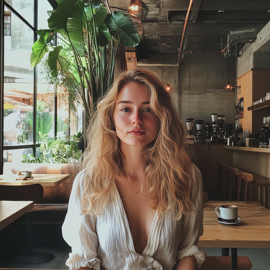 A woman in a coffee shop | Source: Midjourney