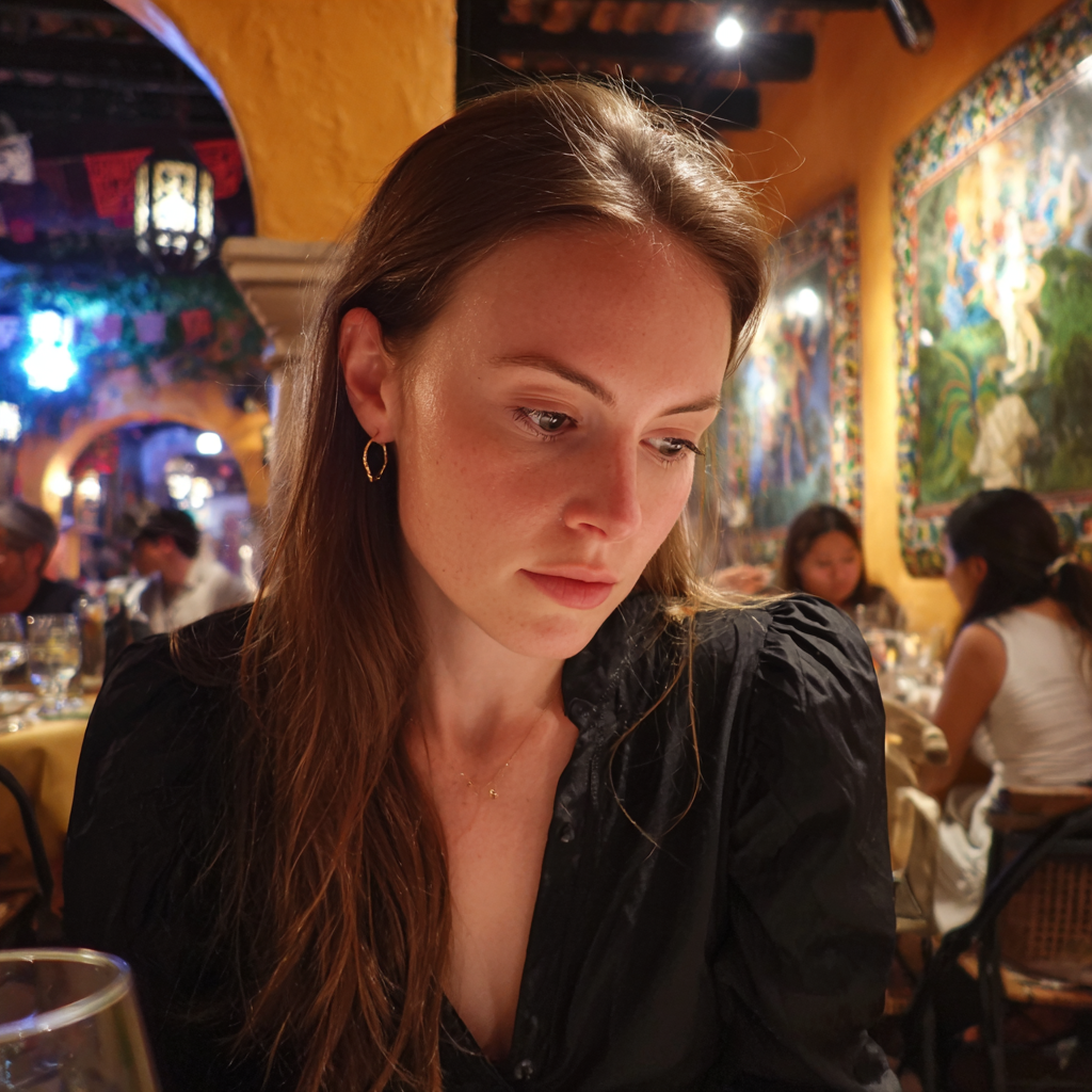 A woman sitting at a table and looking down | Source: Midjourney