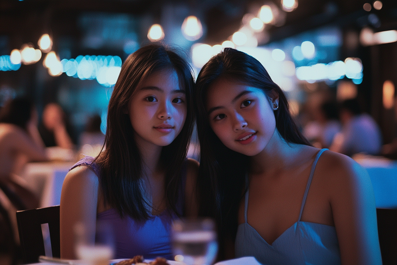 Twin teenage girls sitting in a restaurant | Source: Midjourney