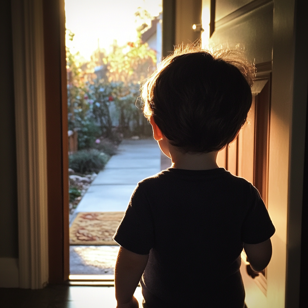 A little boy walking out of a house | Source: Midjourney