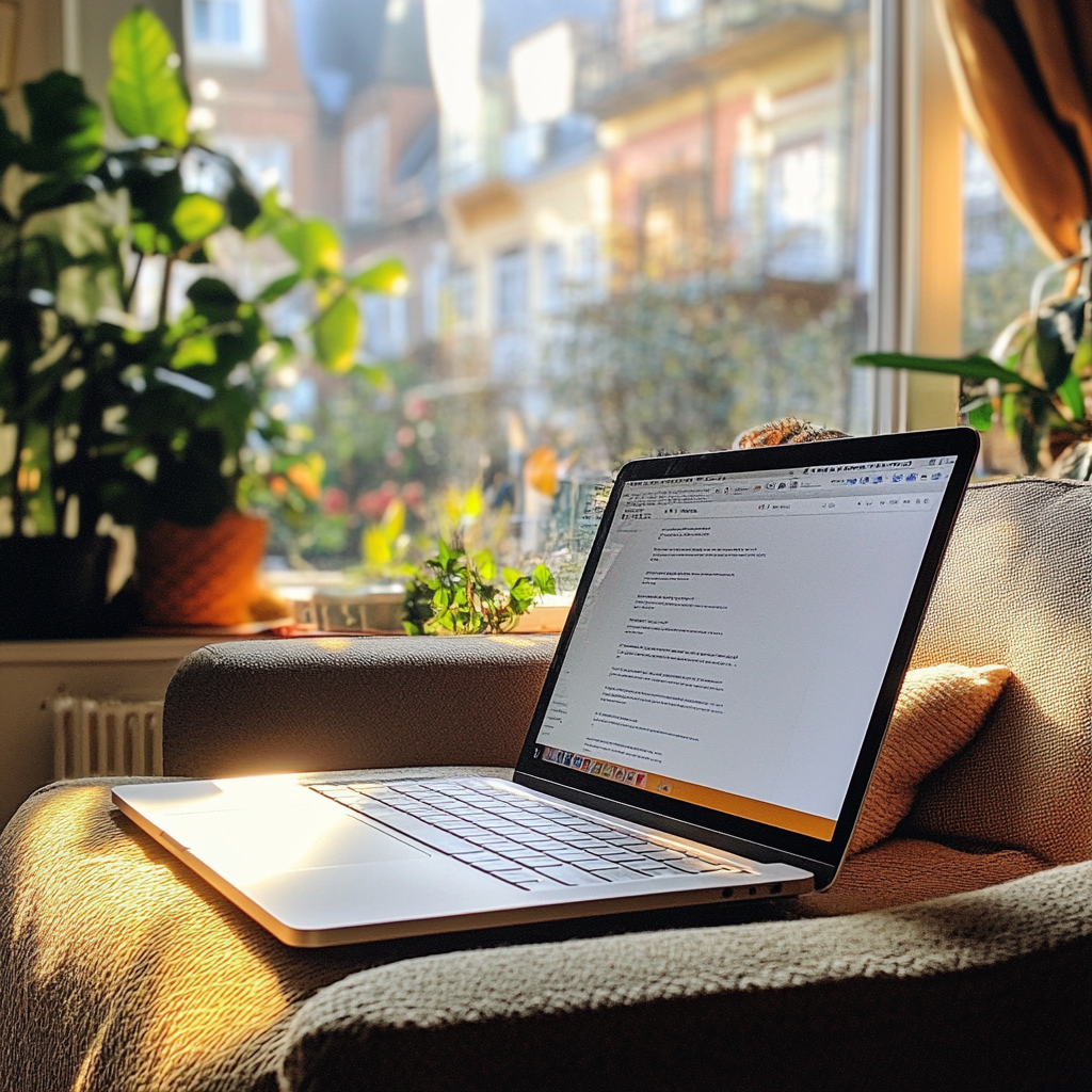 An open laptop on an armchair | Source: Midjourney