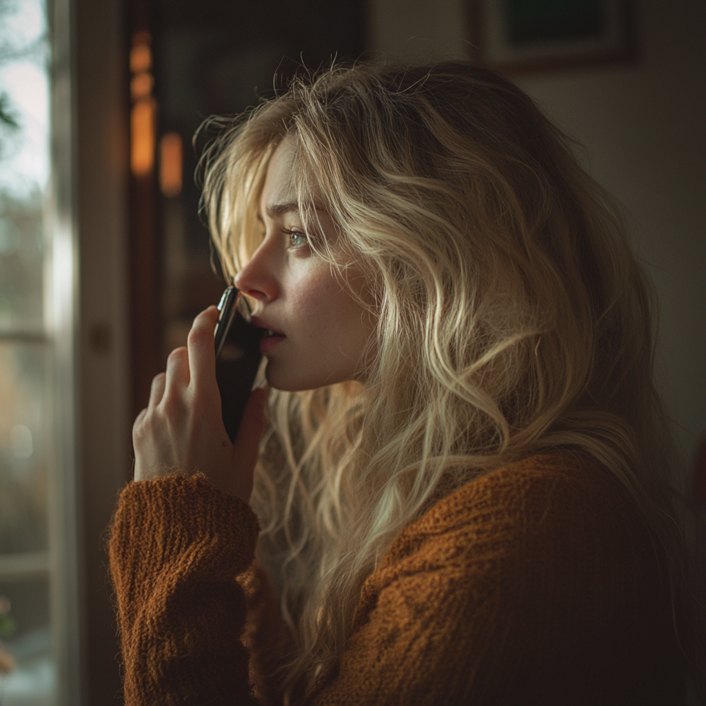 A nervous woman talking on her phone | Source: Midjourney