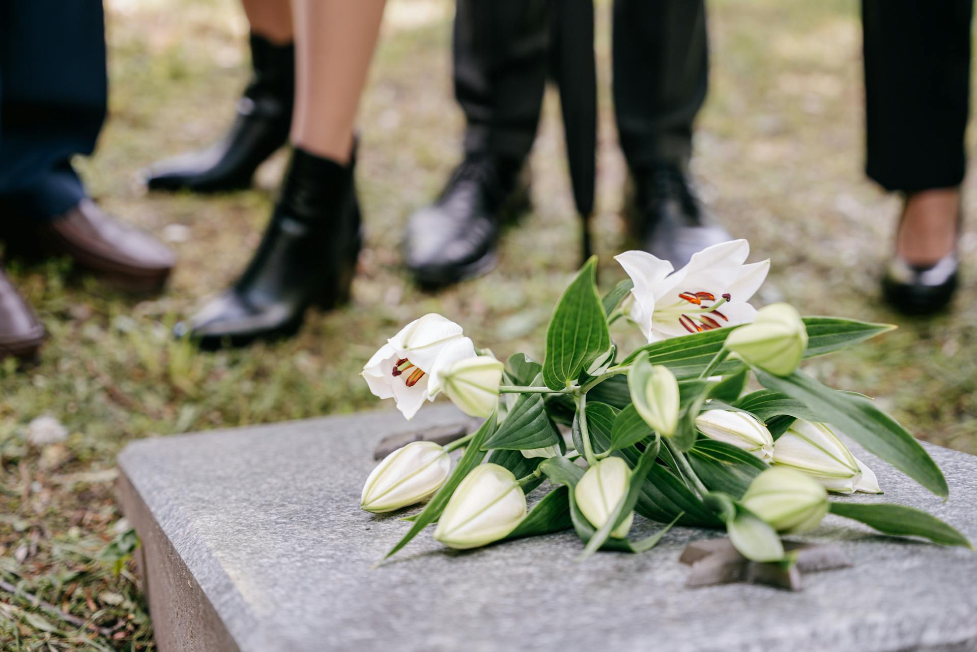 White lilies on a gravestone | Source: Pexels