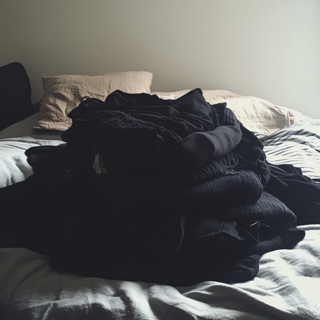 A pile of black clothing on a bed | Source: Midjourney