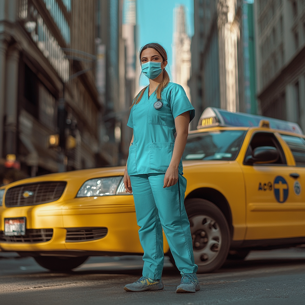 Nurse standing next to a yellow taxi | Source: Midjourney