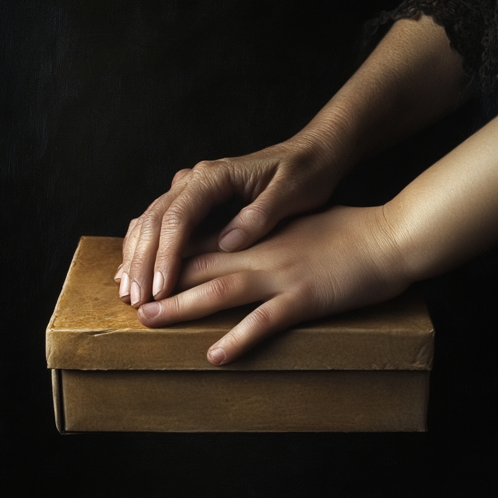 Hands resting on a shoe box | Source: Midjourney