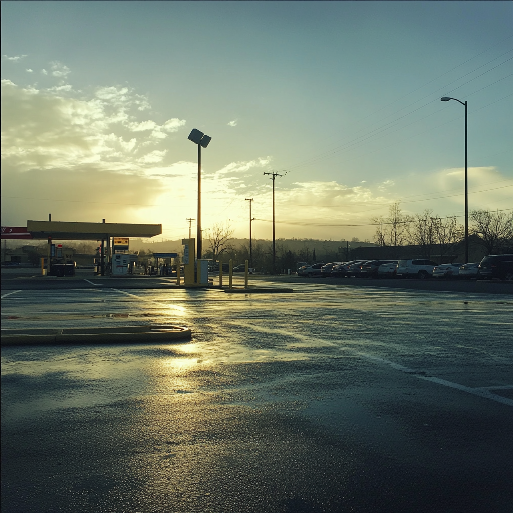 A parking lot at a gas station | Source: Midjourney