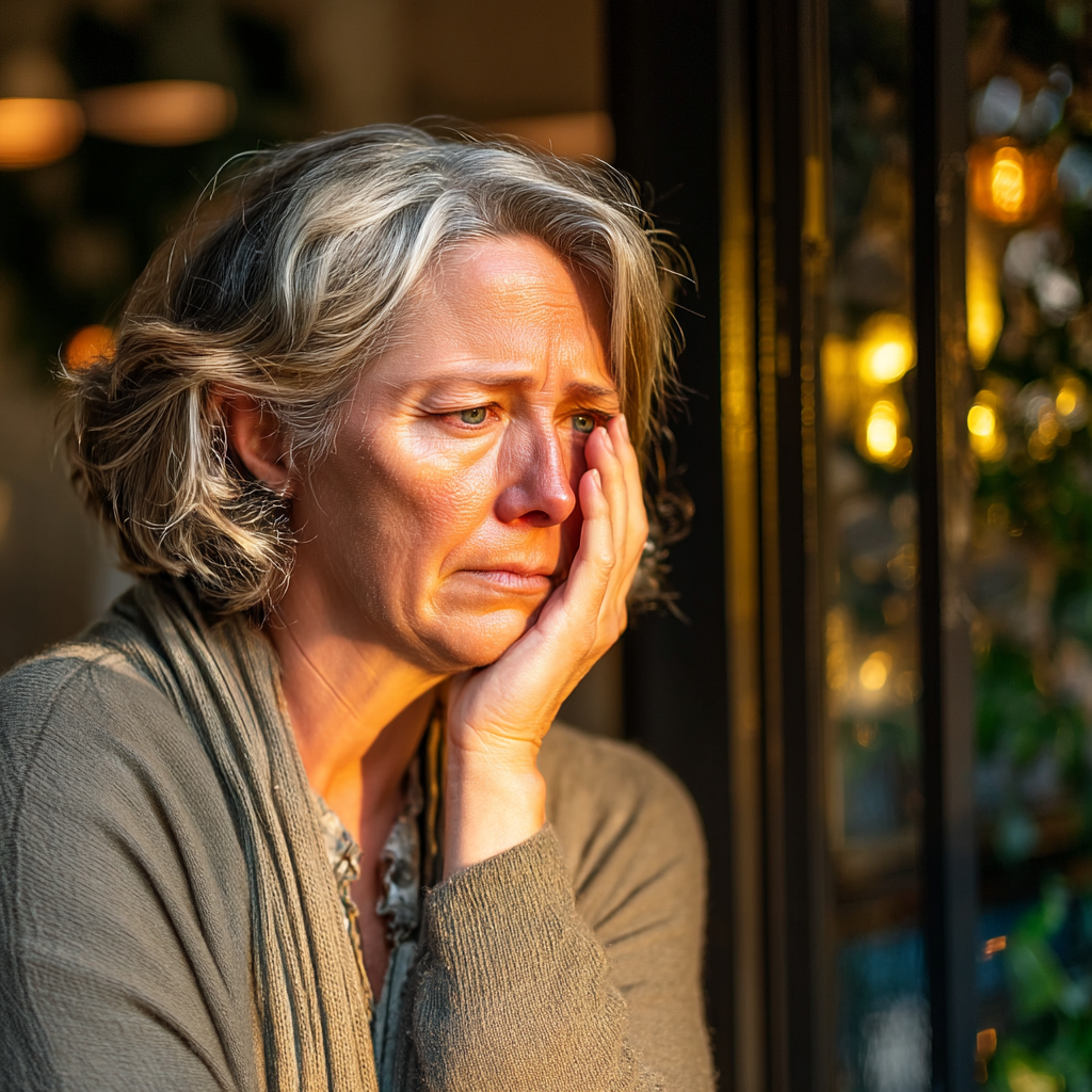 A close-up shot of a crying middle-aged woman outside a bakery | Source: Midjourney