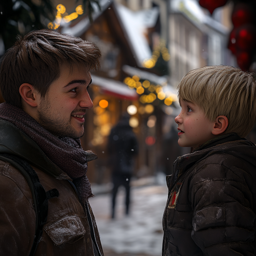 A man talking to a boy on a Christmas fair | Source: Midjourney