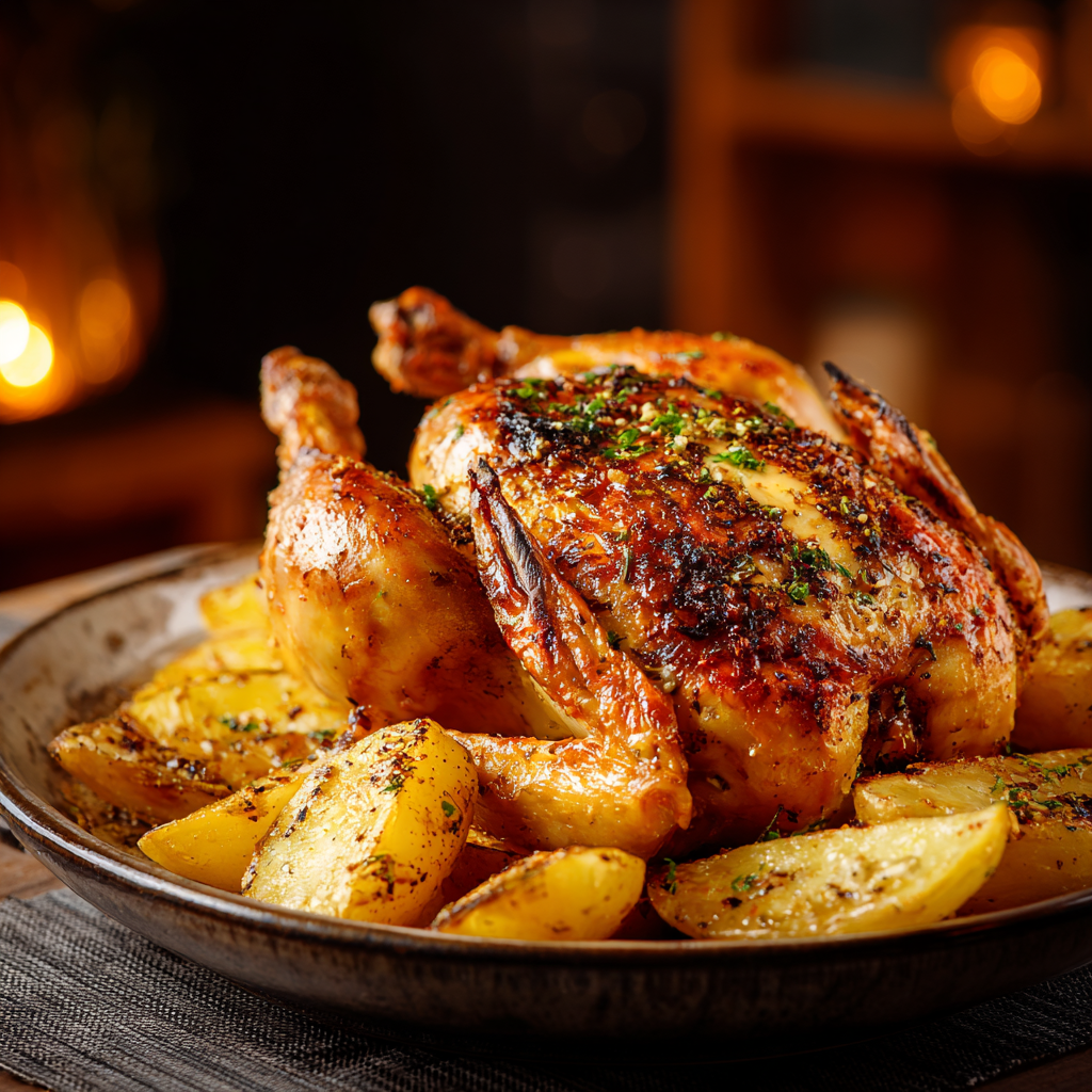 Roasted chicken with garlic potatoes | Source: Midjourney