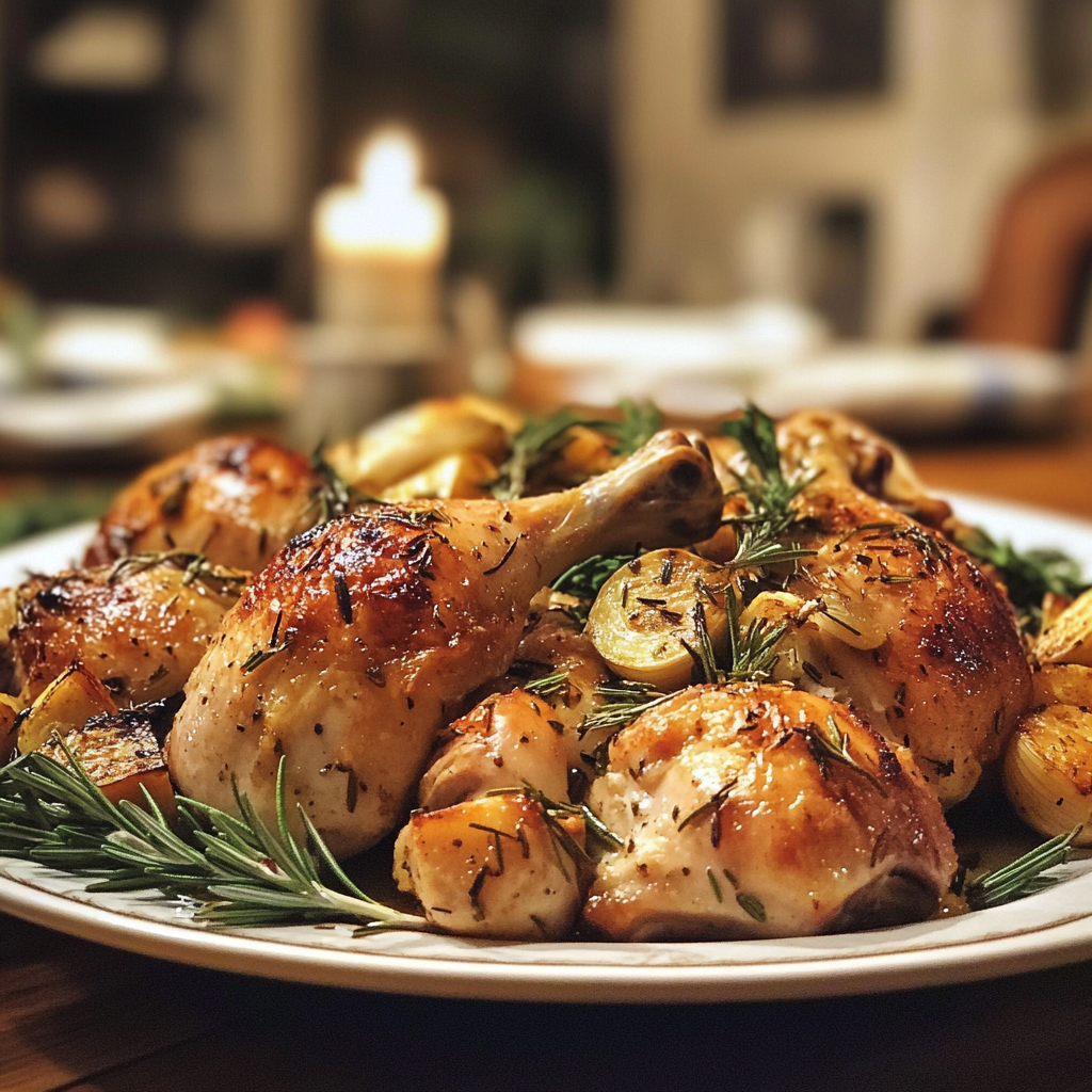 A platter of roast chicken on a table | Source: Midjourney