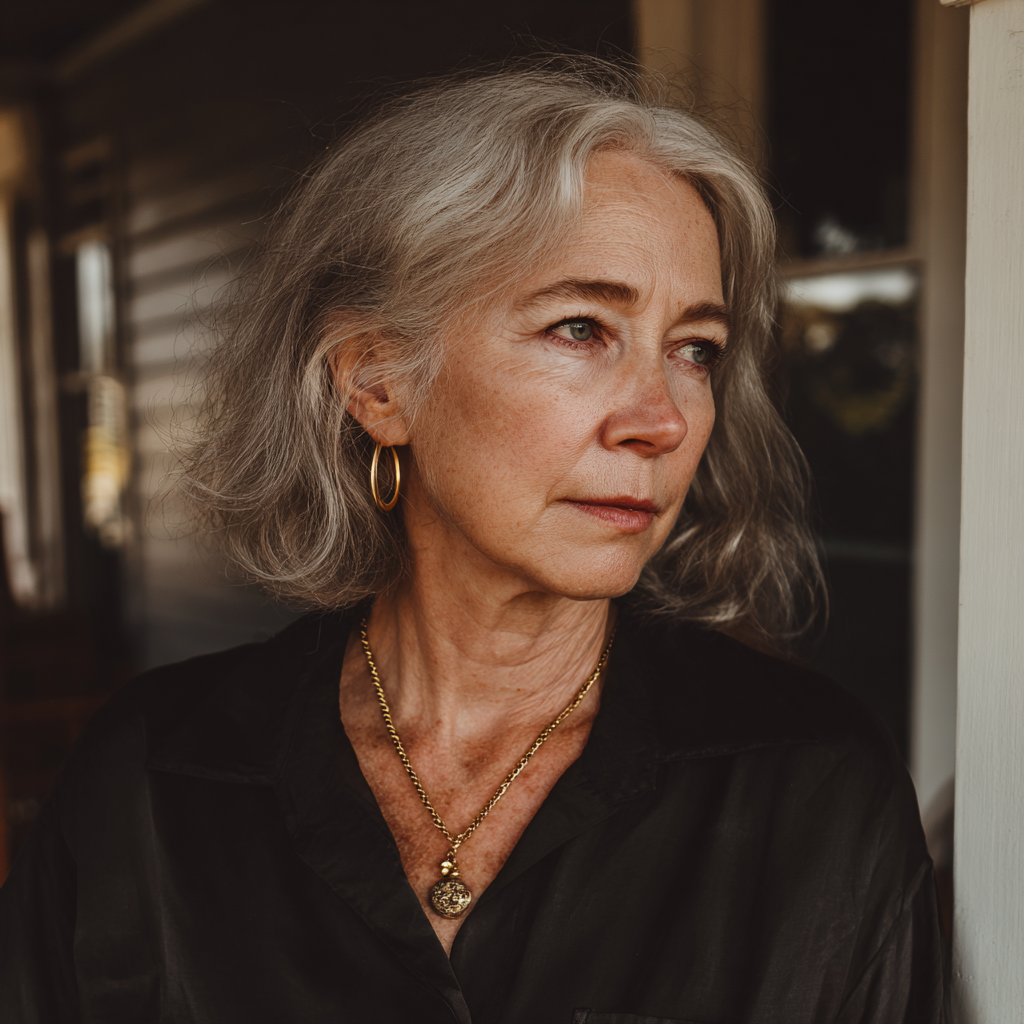 A woman standing on a porch in a black blouse | Source: Midjourney