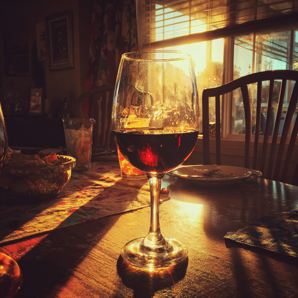 A glass of red wine on a table | Source: Midjourney