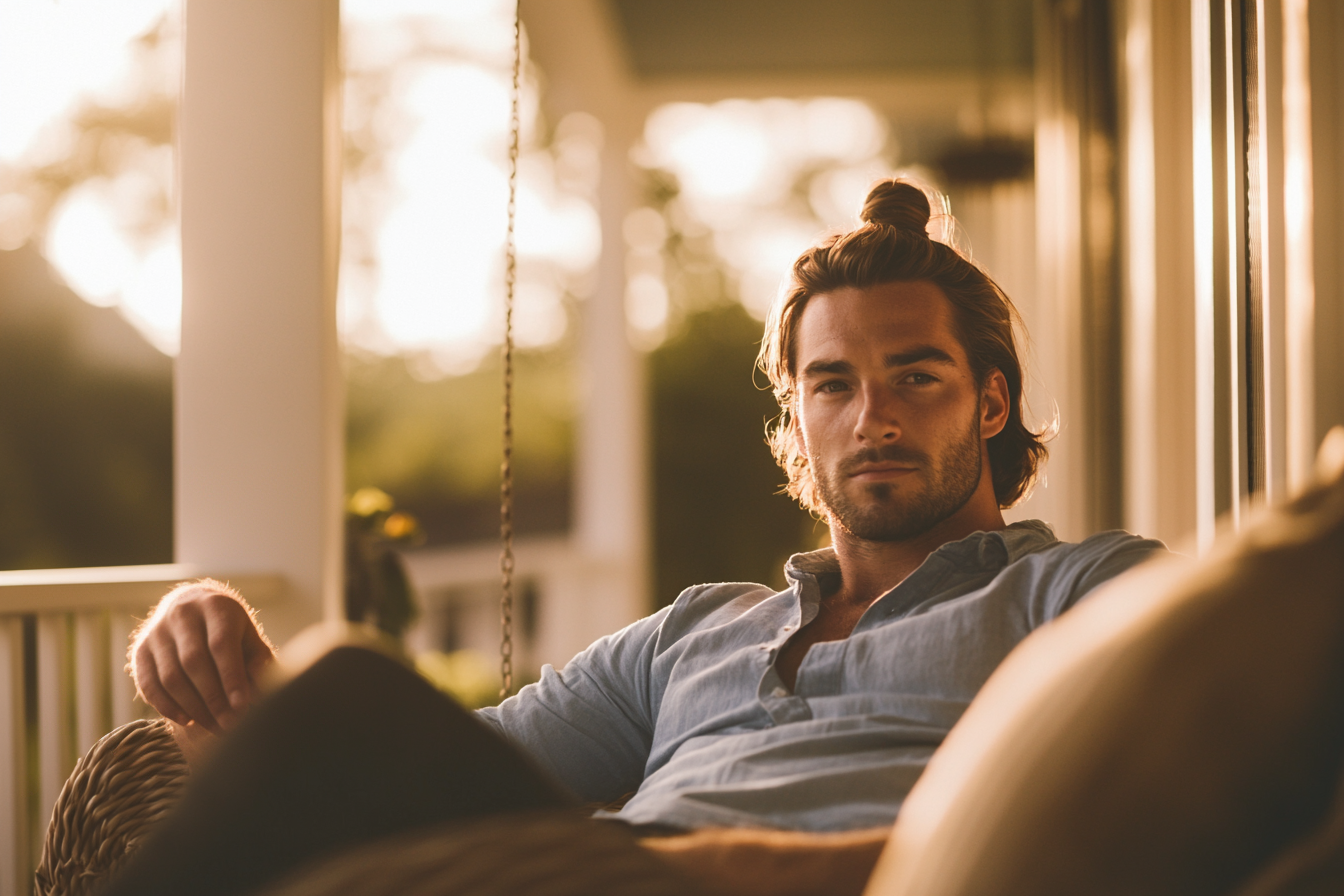 A man sits on a porch looking seriously at someone | Source: Midjourney