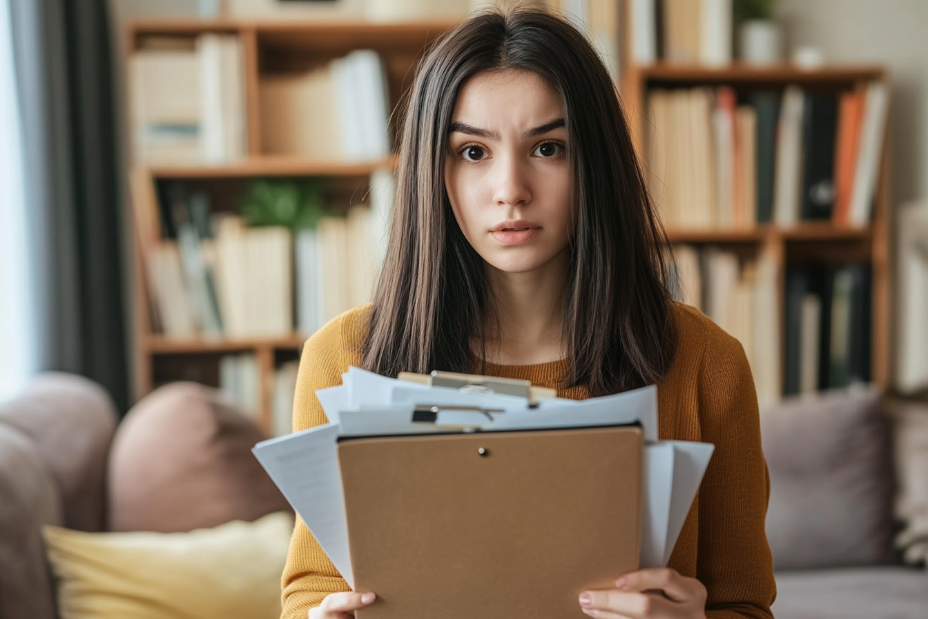 An anxious woman holding documents | Source: Midjourney