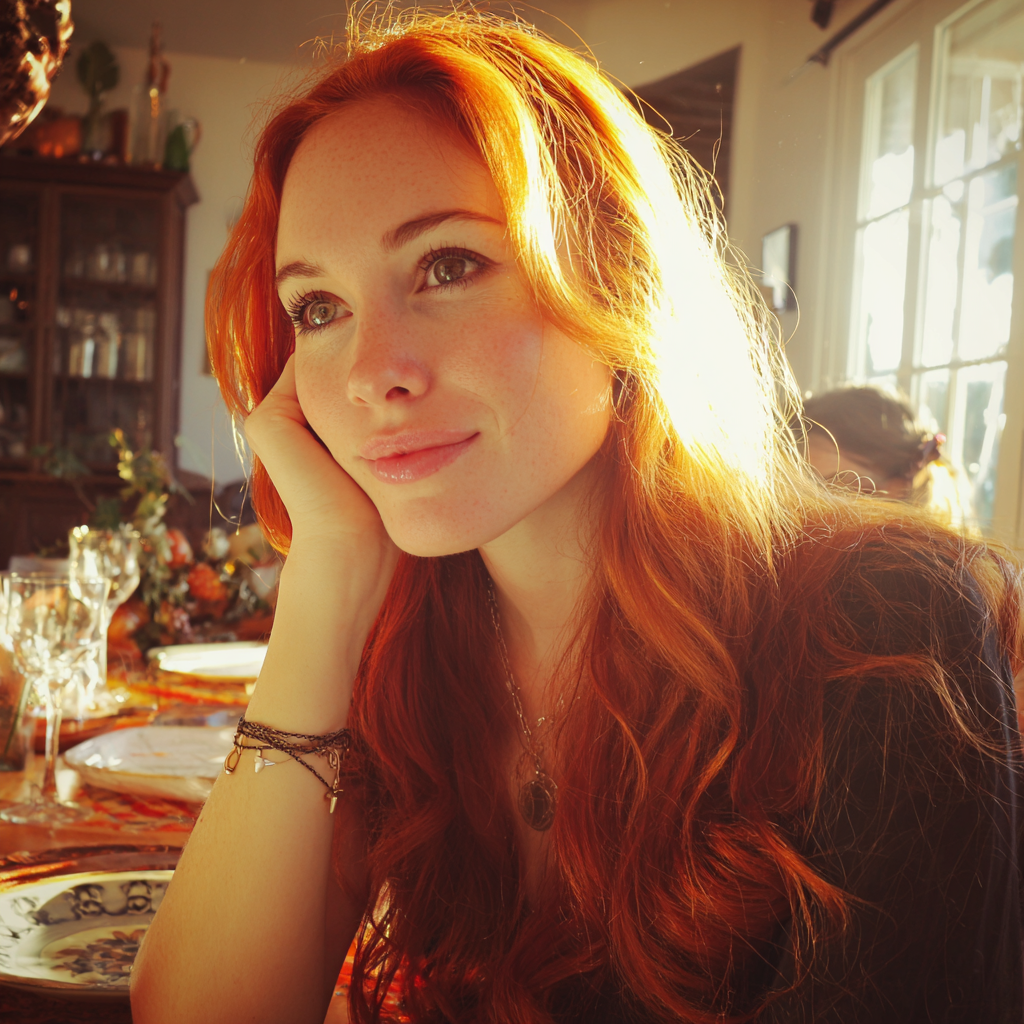 An amused woman sitting at a table | Source: Midjourney