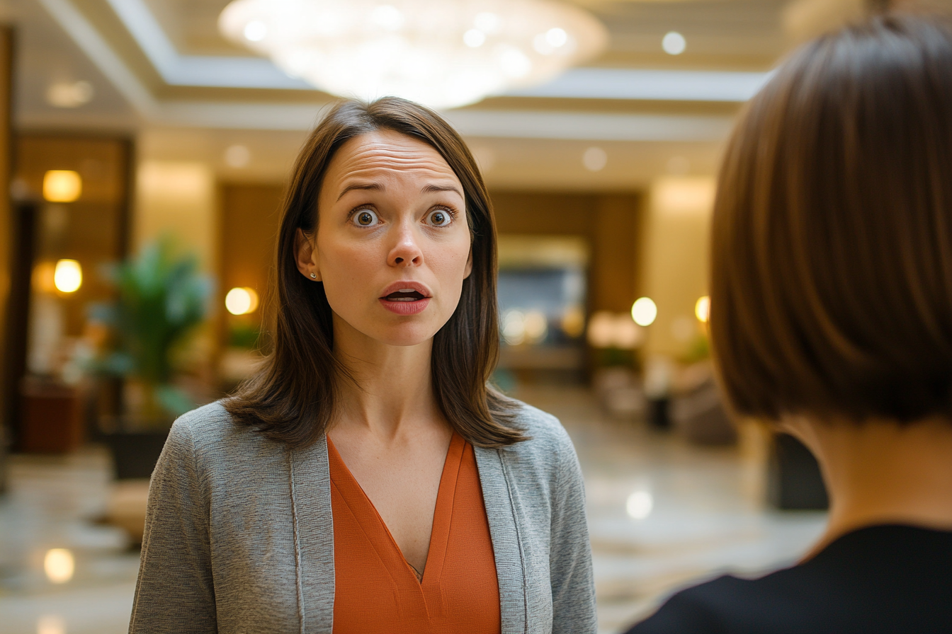 Two women speaking in a hotel lobby | Source: Midjourney