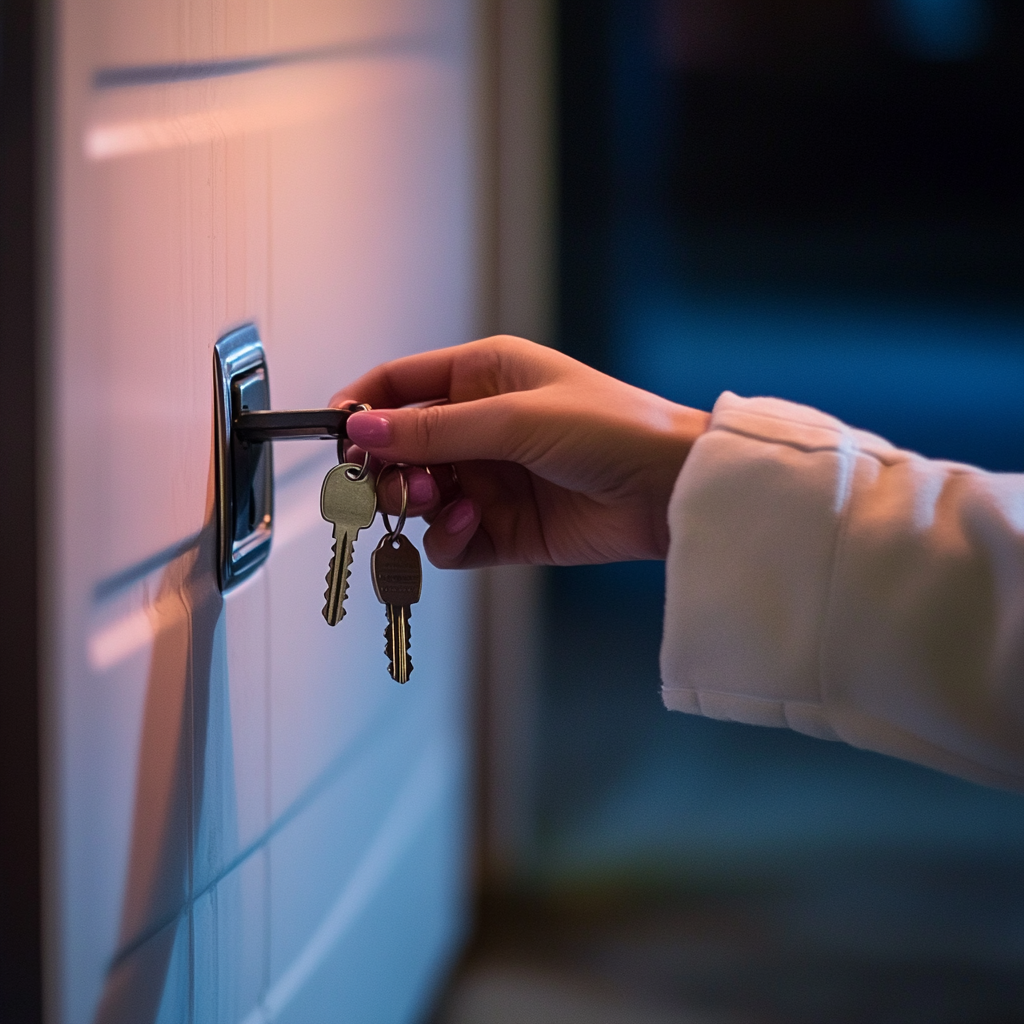 With a trembling hand, Lily uses the keys to the garage door to open it | Source: Midjourney