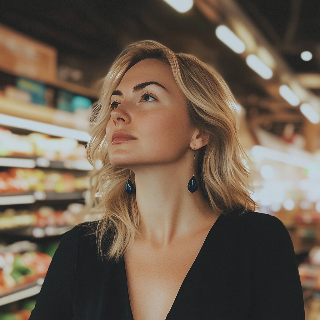 A woman looking away at a grocery | Source: Midjourney