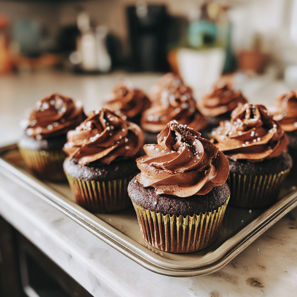 A tray of chocolate cupcakes | Source: Midjourney