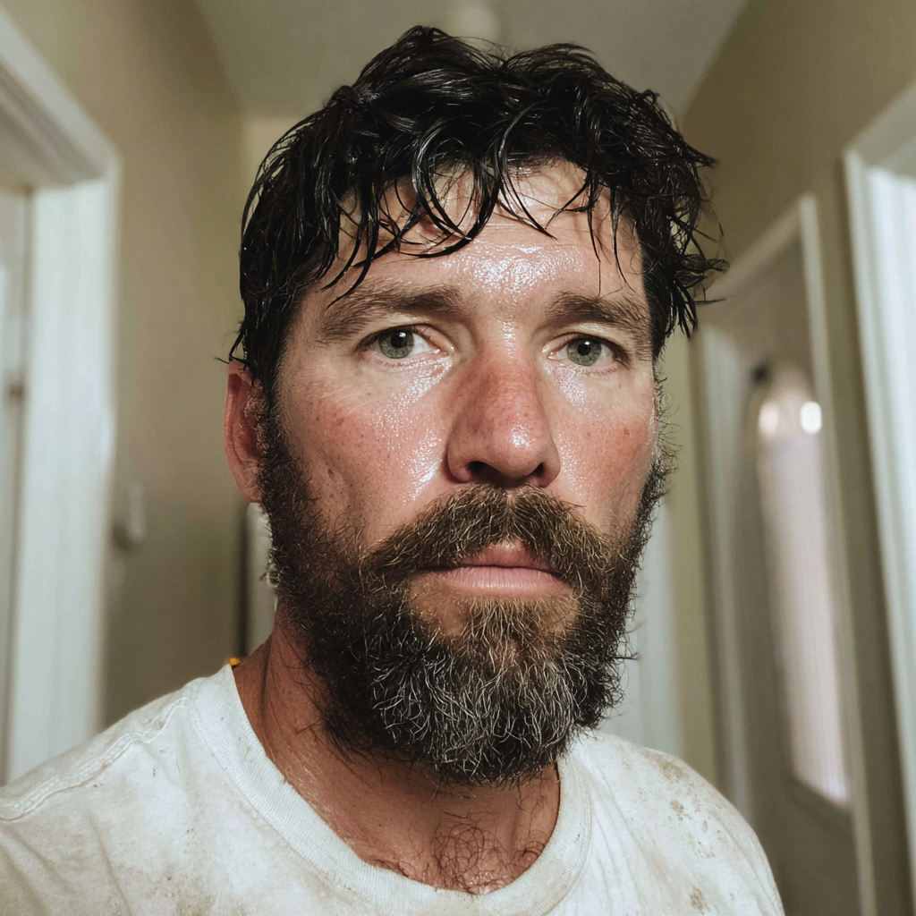 A sweaty man wearing a white T-shirt | Source: Midjourney