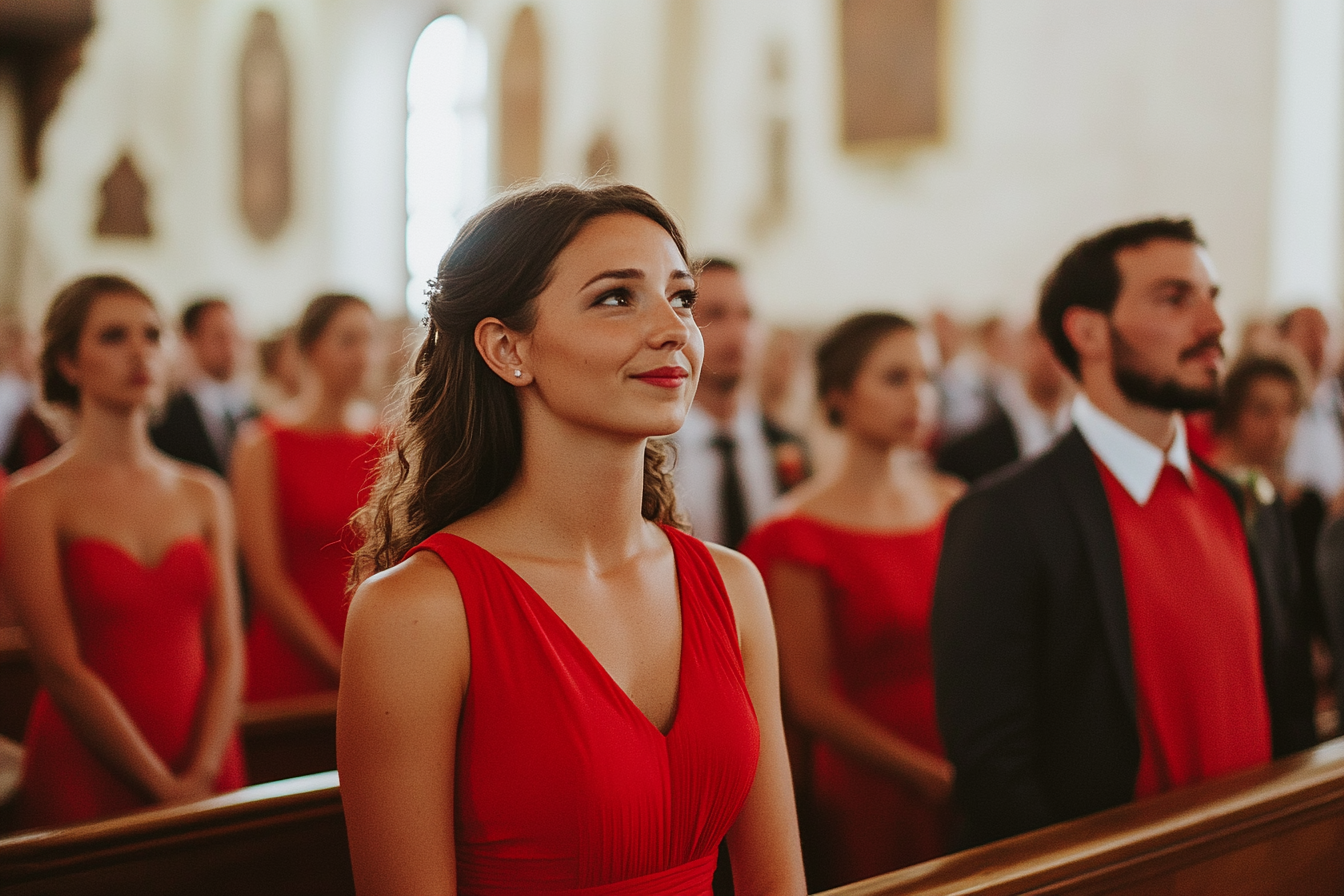 Wedding guests wearing red | Source: Midjourney