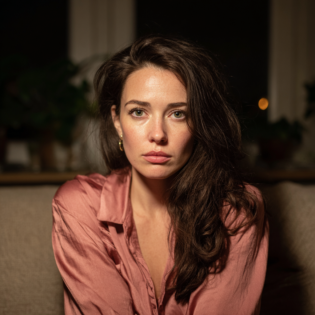 An emotional woman sitting on a couch | Source: Midjourney