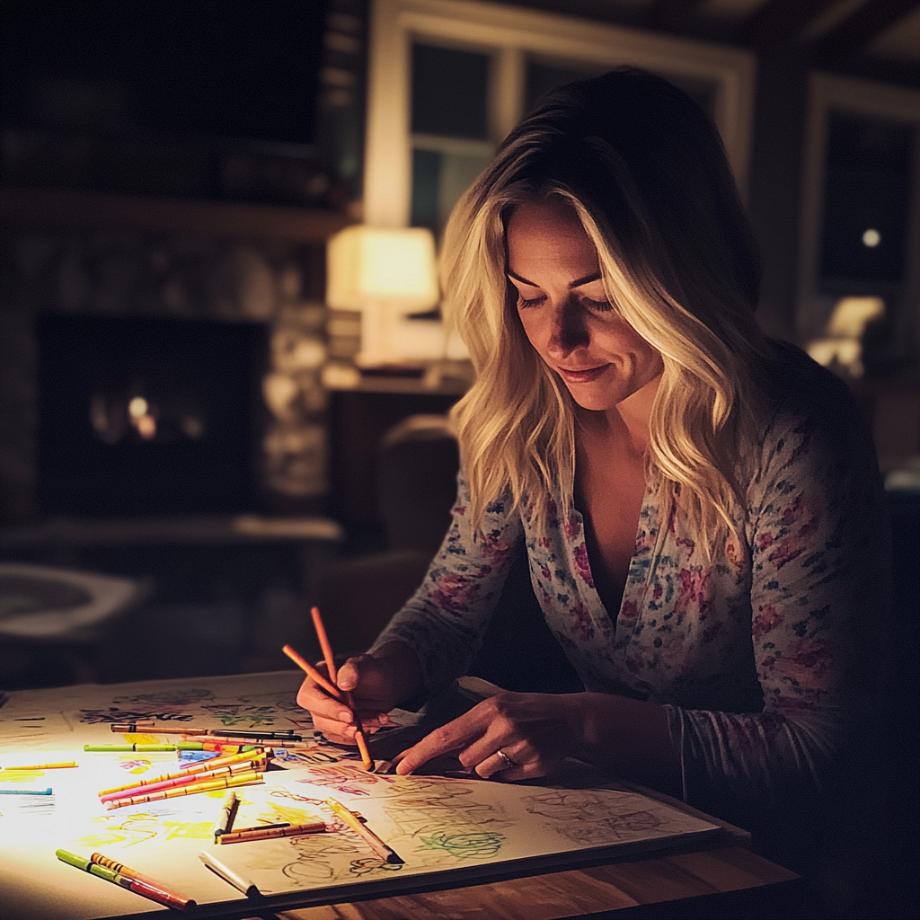 A woman gathering crayons | Source: Midjourney