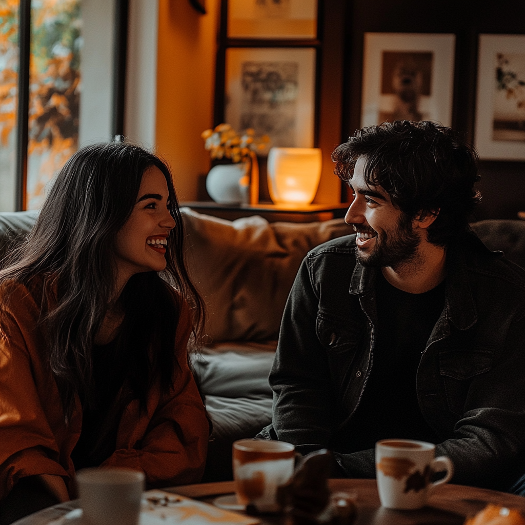 A young couple in their living room | Source: Midjourney