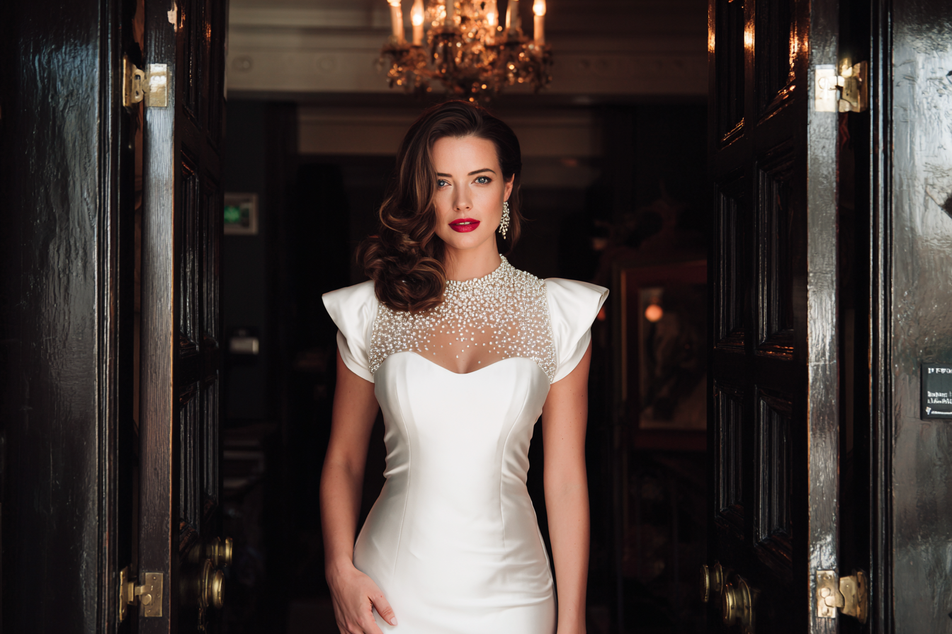 A woman in a white dress standing in a doorway | Source: Midjourney