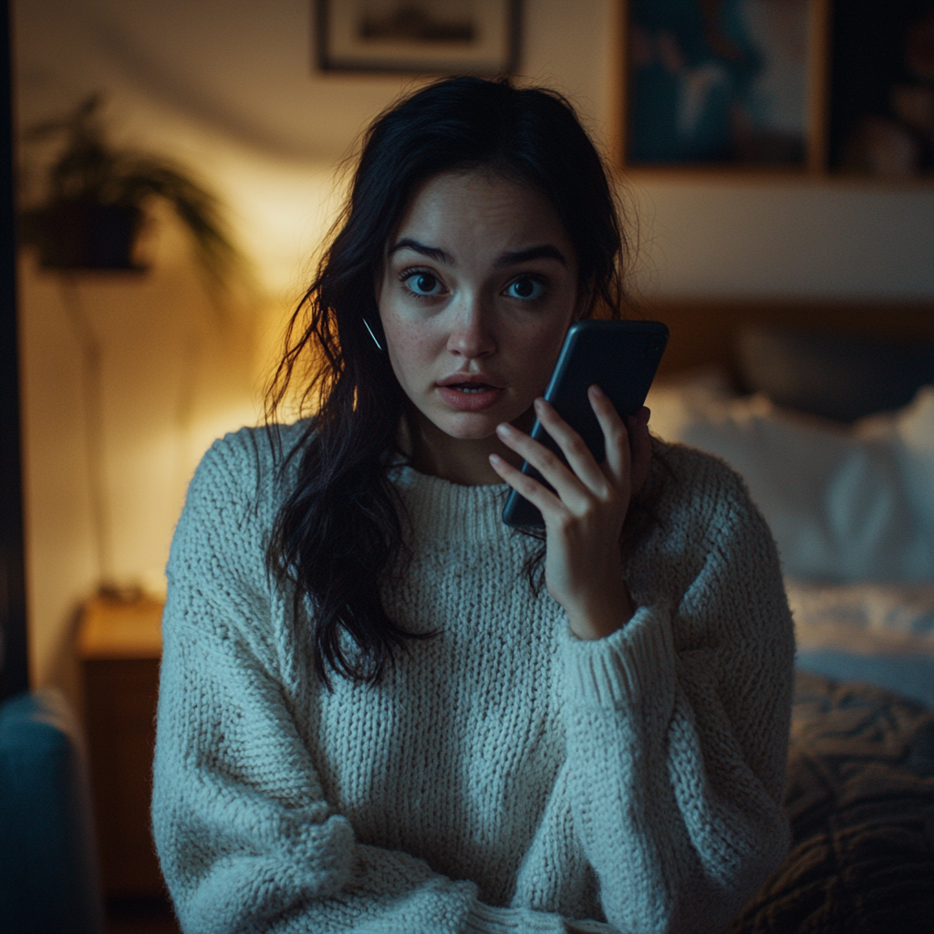 A shocked woman talking on her phone | Source: Midjourney