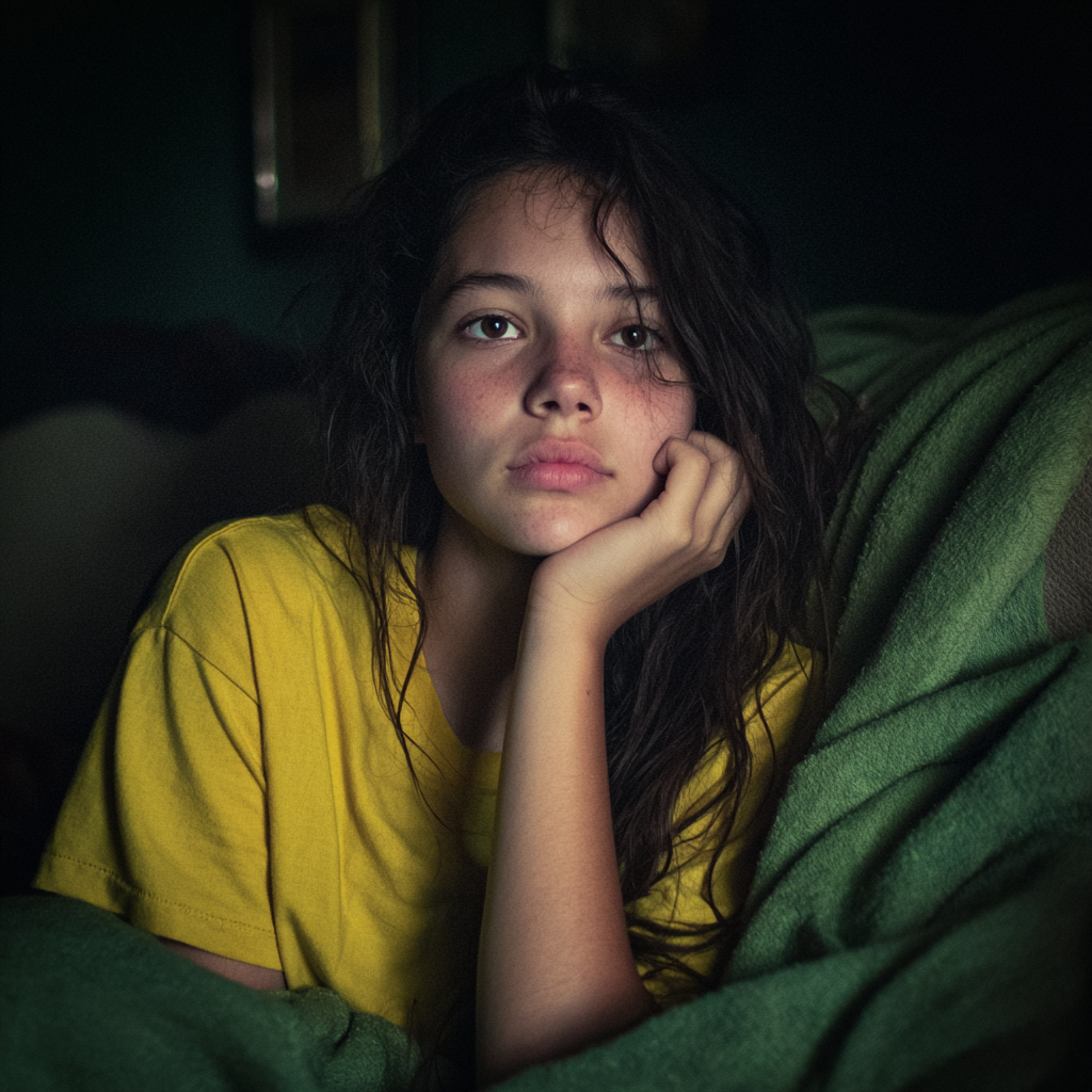 A little girl sitting on a couch with a blanket | Source: Midjourney