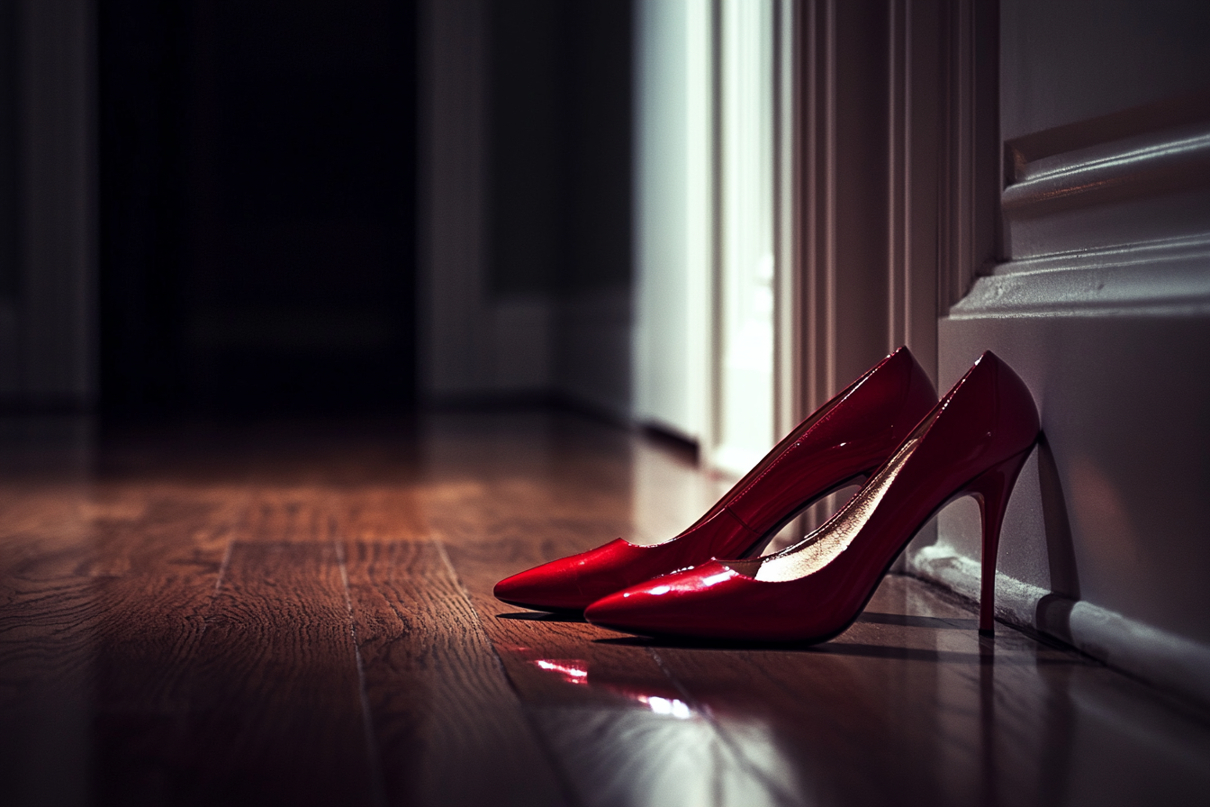 A pair of red stiletto heels left discarded on a hallway | Source: Midjourney