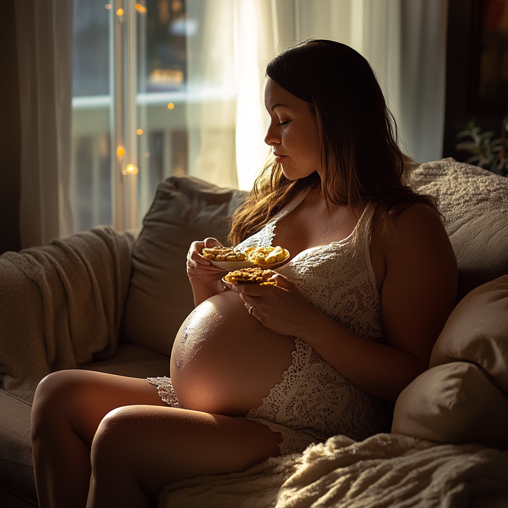 Pregnant woman seating on the couch eating snacks | Source: Midjourney