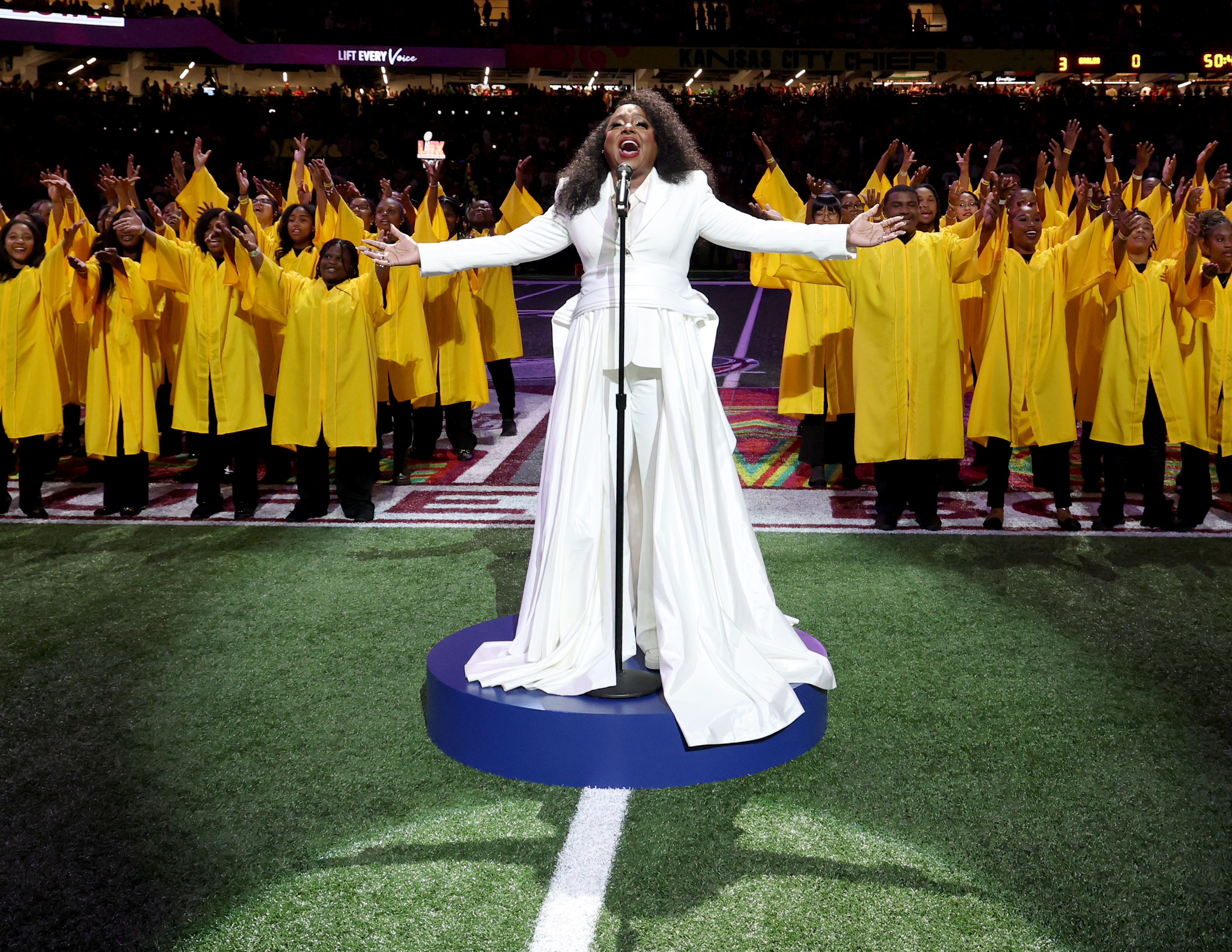 Ledisi and the Greater New Orleans High School Chorale Collective perform at the Super Bowl LIX on February 9, 2025, in New Orleans, Louisiana. | Source: Getty Images