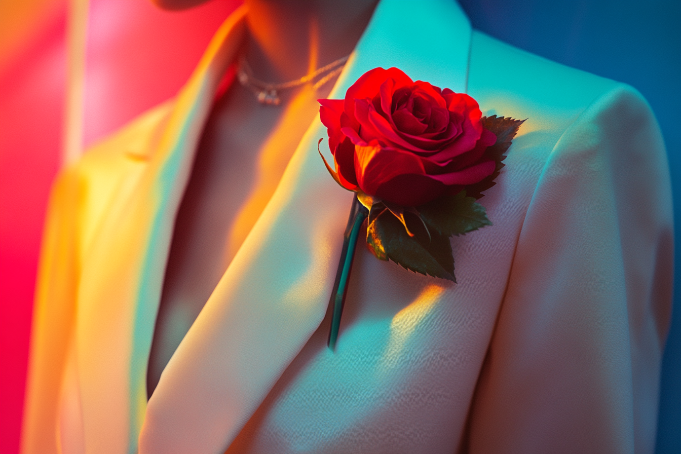 A red rose pinned to a white jacket lapel | Source: Midjourney