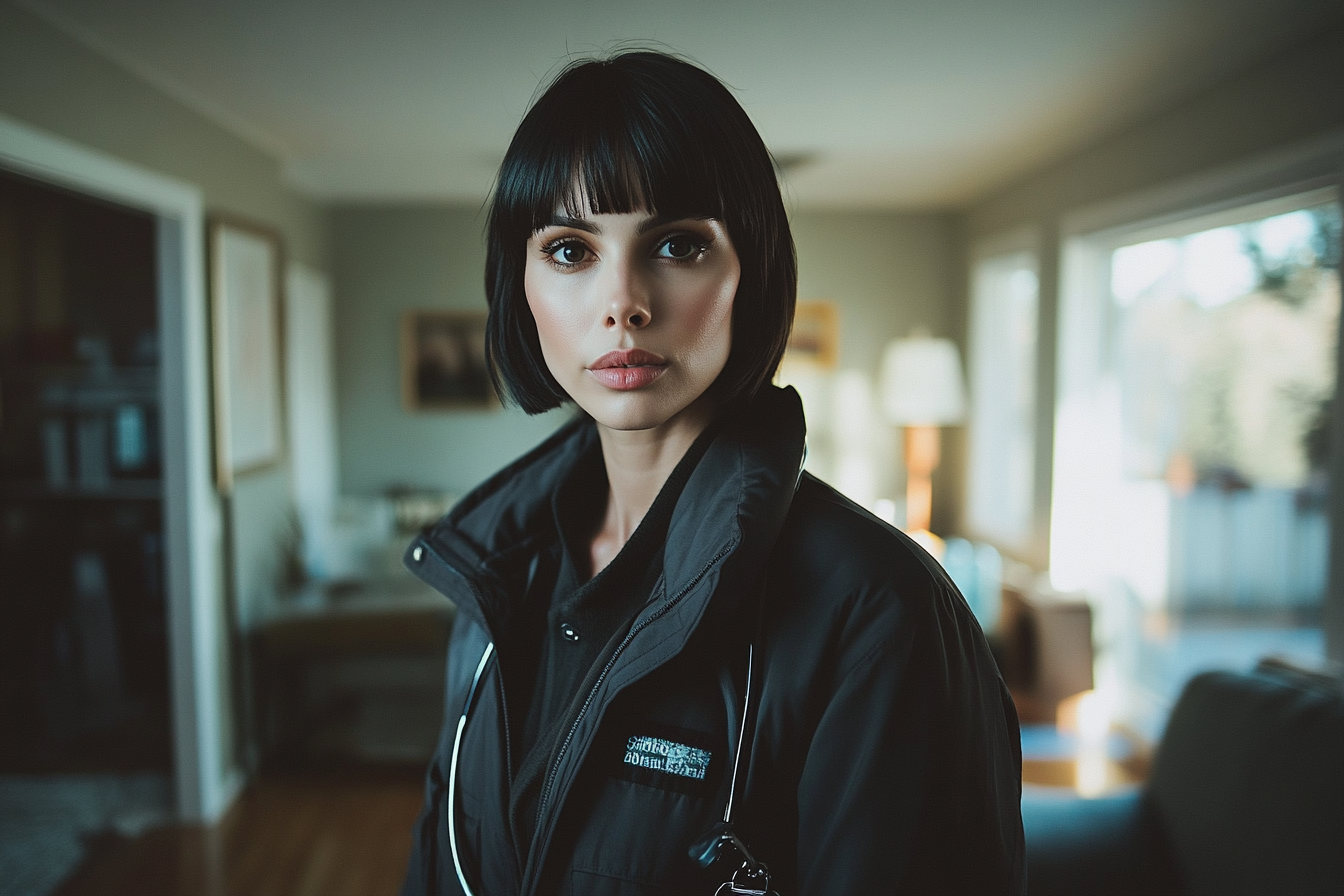 A woman wearing a winter jacket in a living room | Source: Midjourney