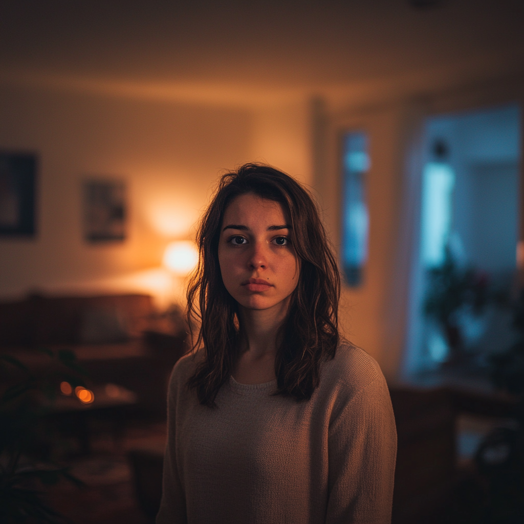 A sad woman in the middle of her living room | Source: Midjourney