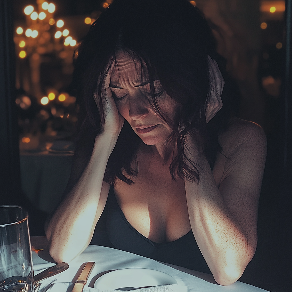 An upset woman sitting at a table | Source: Midjourney