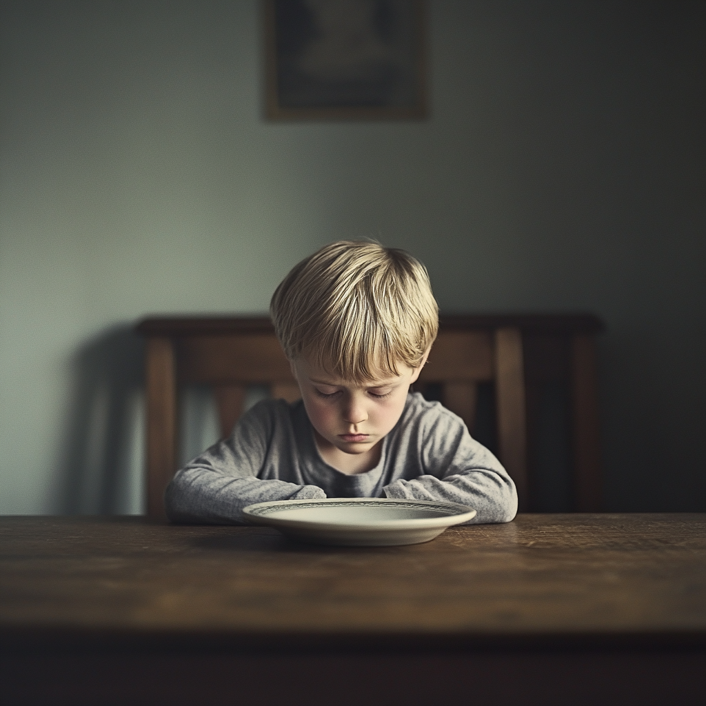 A despondent boy seated at a dining table | Source: Midjourney