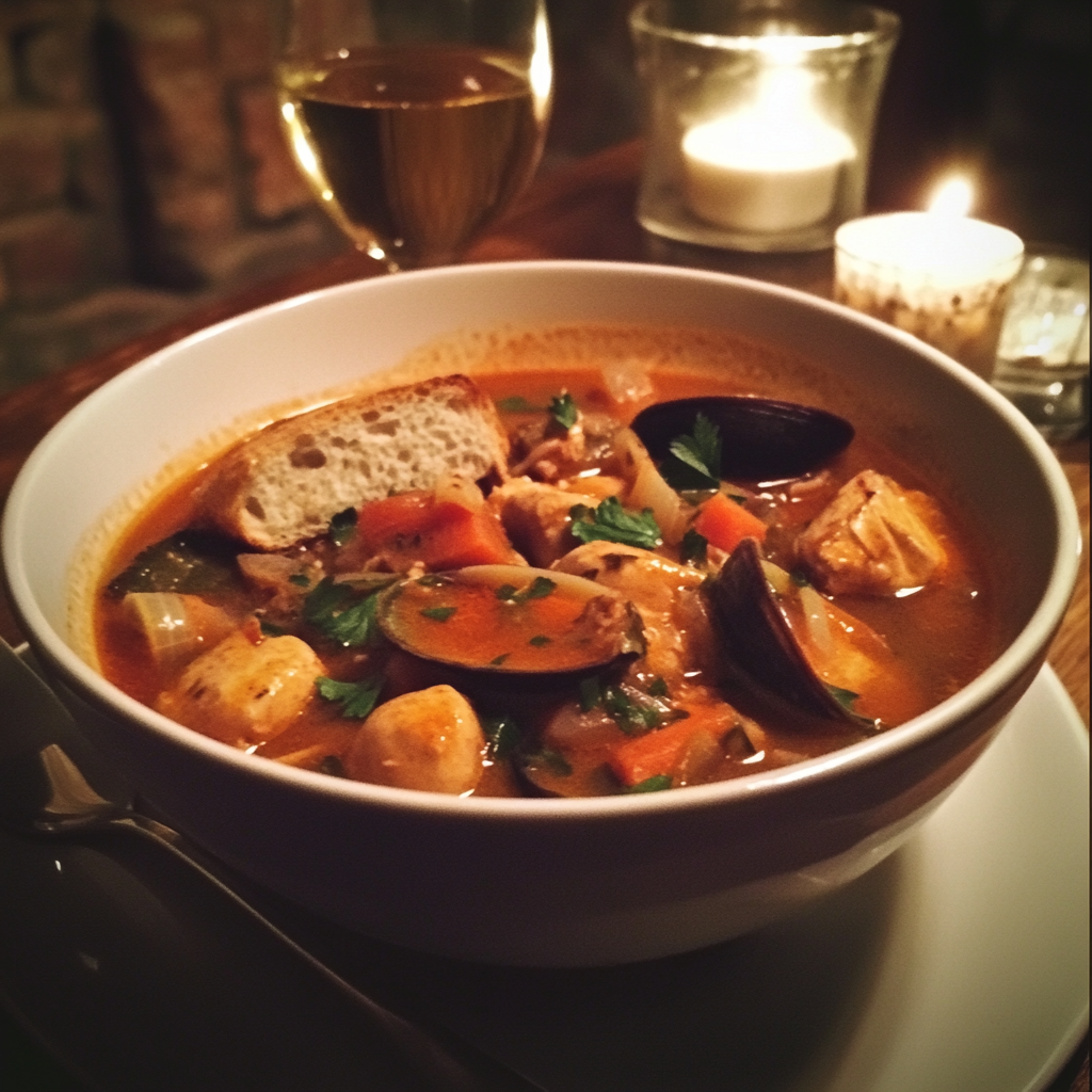 A bowl of bouillabaisse on a table | Source: Midjourney