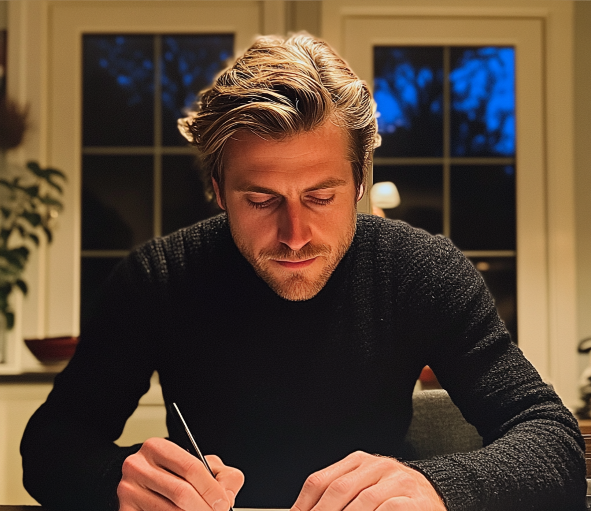 A man sitting at a table and writing a note | Source: Midjourney