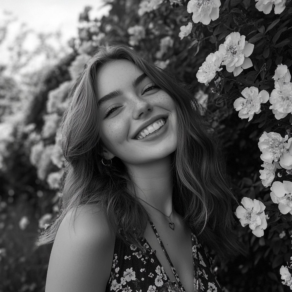 A smiling woman near a flower bush | Source: Midjourney