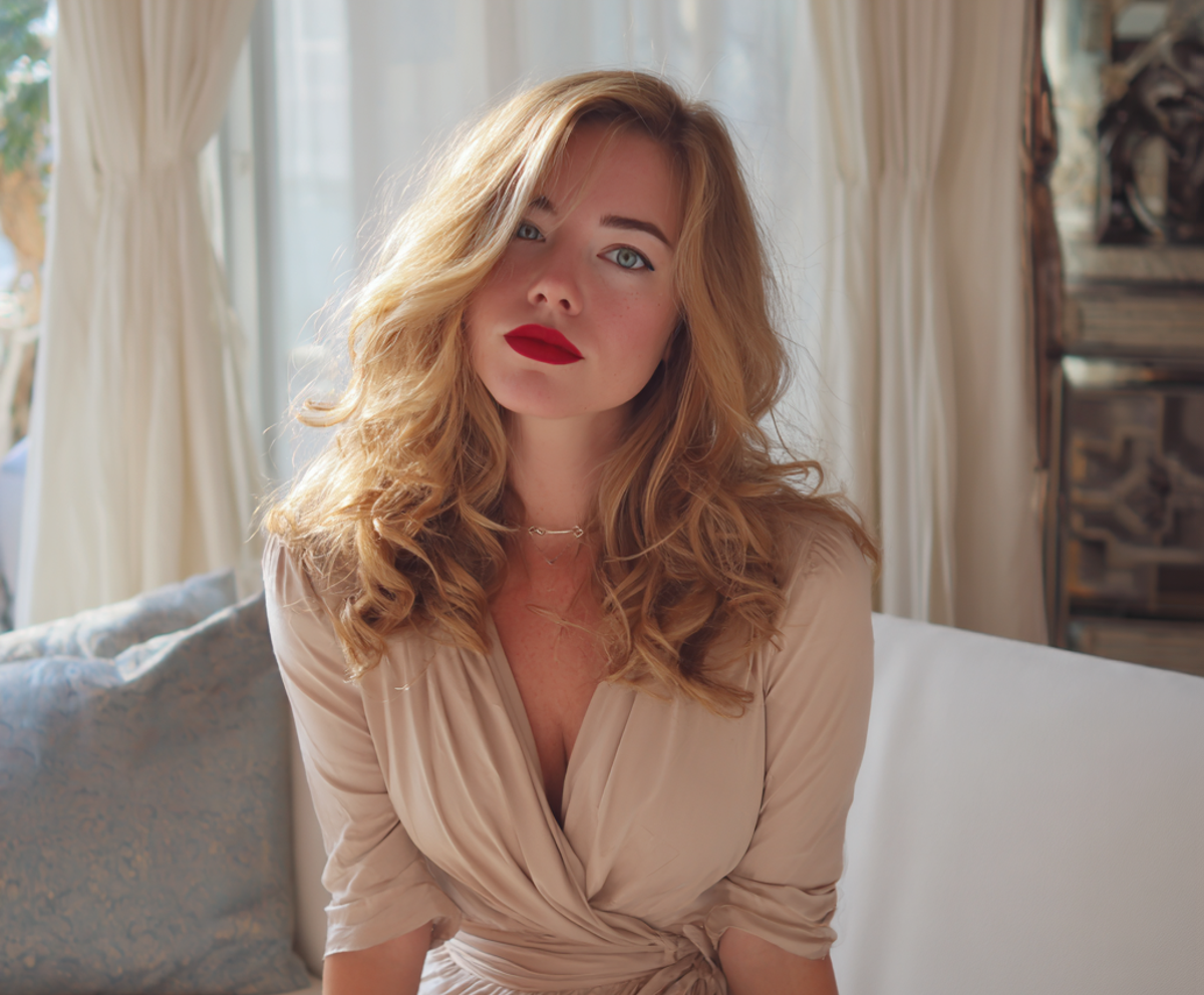 A woman with red lipstick sitting on a couch | Source: Midjourney