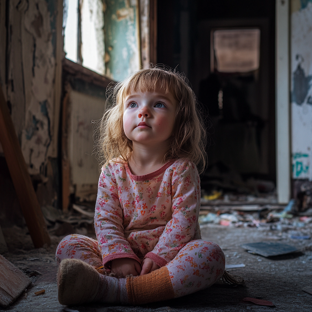 A little girl seated in an small, messy apartment | Source: Midjourney