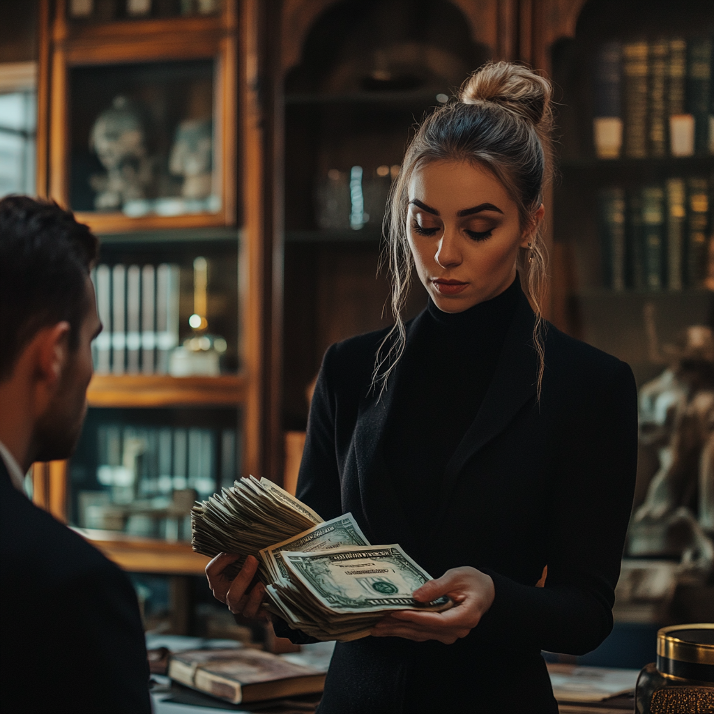 Wealthy young woman in her office handing lots of cash to her employee | Source: Midjourney